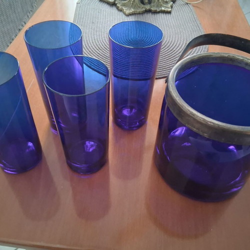 Set of 4 blue glass ouzo glasses and matching ice bucket like new