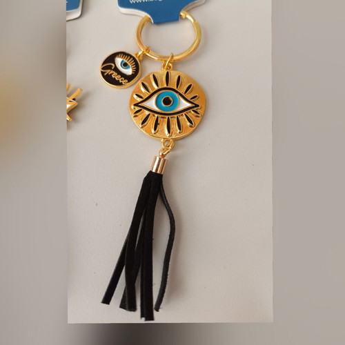 Aegeanart keychain new, gold with black tassel and evil eye