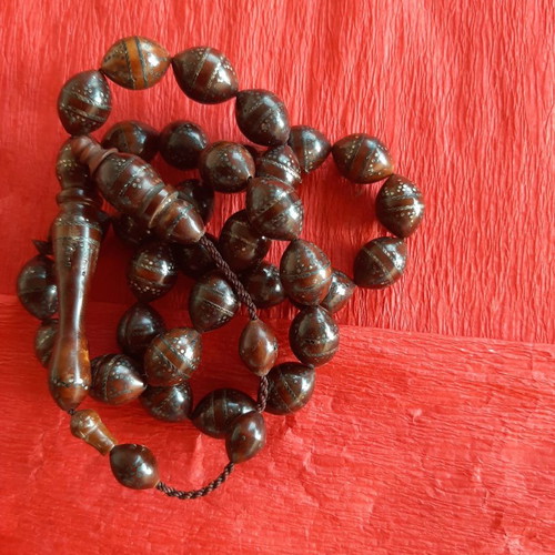 Handmade Turkish Worry Beads used, wood kuk with silver carvings