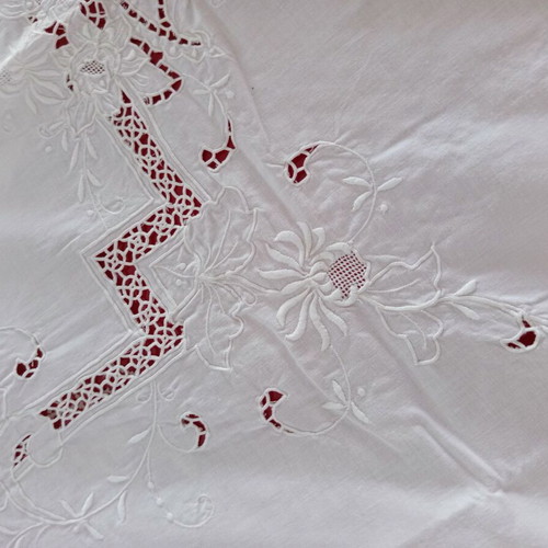 White Tablecloth with Embroidery and Cutwork used, 122x163 cm