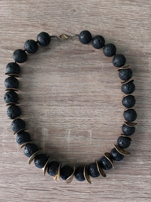 Necklace and bracelet set with lava stones like new, black and gold