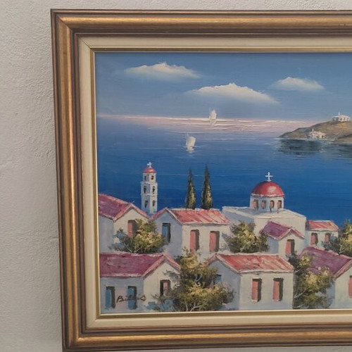 Billis oil painting like new, Greek island landscape on canvas