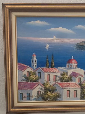 Billis oil painting like new, Greek island landscape on canvas