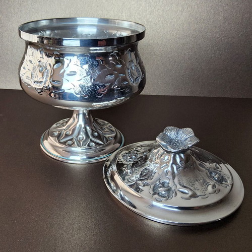 Traditional footed sugar bowl used, silver-plated brass with floral decoration