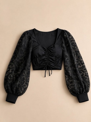 Zara Black Cropped Top with Balloon Sleeves used, Size XS