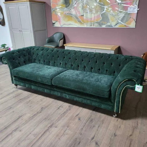 Large green Chesterfield fabric sofa new, four-seater