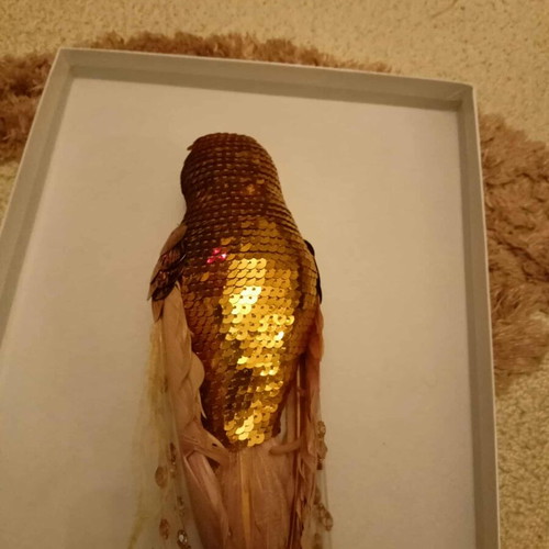 Set of 6 Christmas Parrot Ornaments like new, gold with feathers