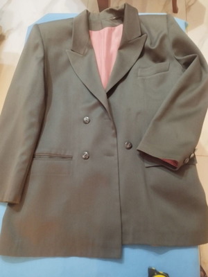 Vintage oversized γυναικείο σταυρωτό σακάκι σε χακί λαδί με ροζ φόδρα, L/XL