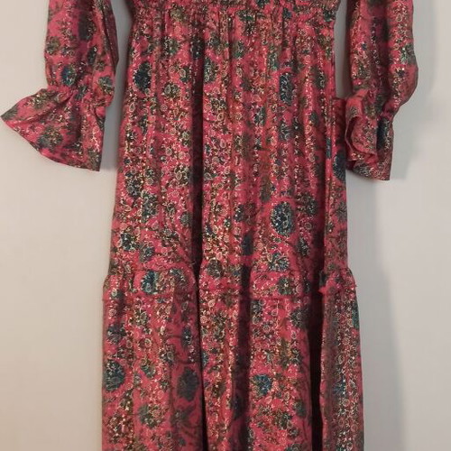 Pink coral dress with multicolor paisley and gold print, Large