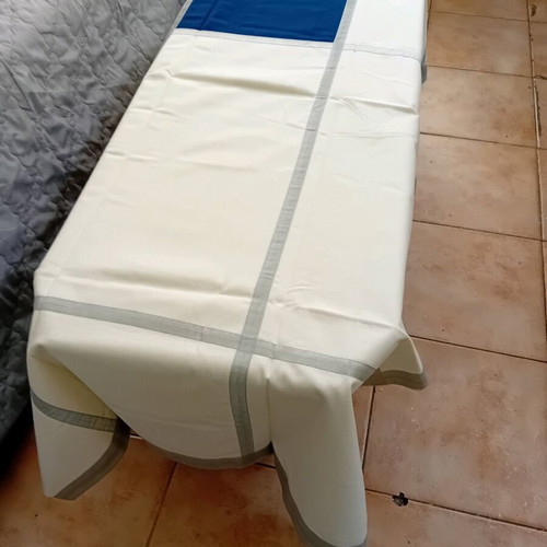 Tablecloth new cotton white with silver stripes and blue spots