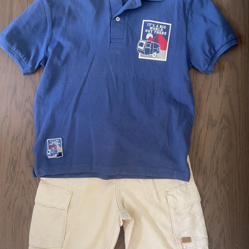 Mayoral boys' polo shirt and cargo shorts set like new, beige and blue