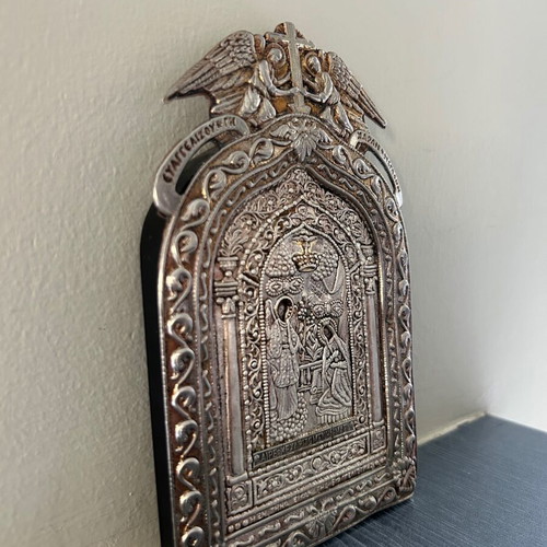 Religious icon of Panagia Tinos used, silver with 24k gold plating