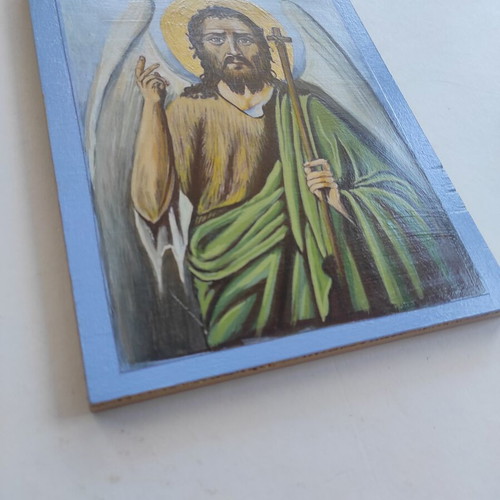 Handmade icon Saint John the Baptist egg tempera on plywood