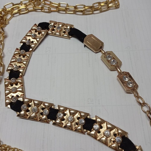 Women's chain belt used, adjustable, gold metal with black fabric and rhinestones