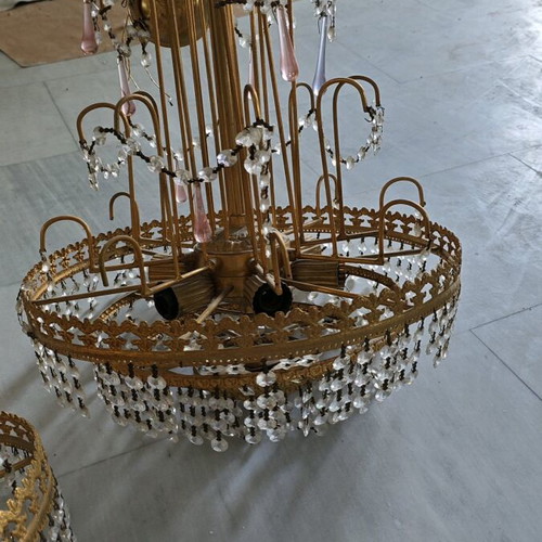 Ceiling Chandeliers used, set of 3, gold with fake crystals