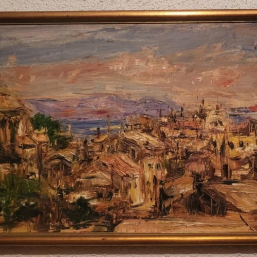 Ελαιογραφία Γ.Κουλούρης καινούργια, θέα Κεφαλομάντουκου με κορνίζα