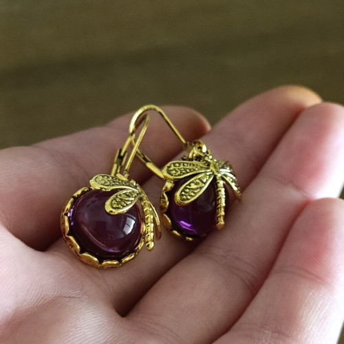 Retro women's stainless steel earrings with purple glass stone new