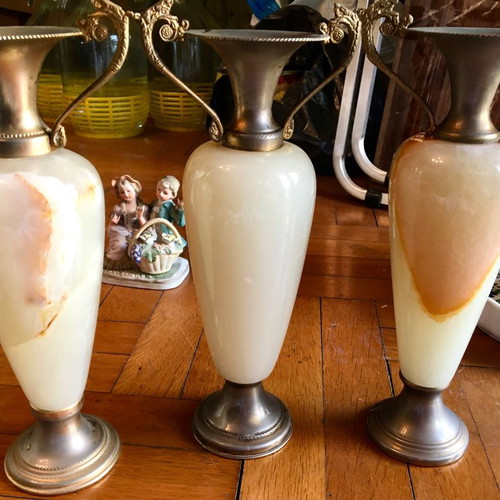 Set of 3 alabaster amphora vases used with gilded handles