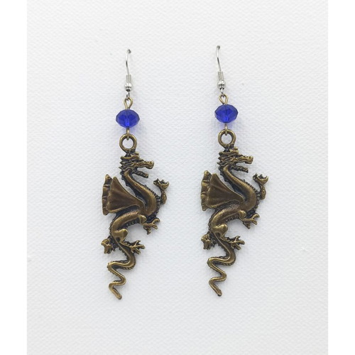 Handmade earrings with dragons and blue glass beads new