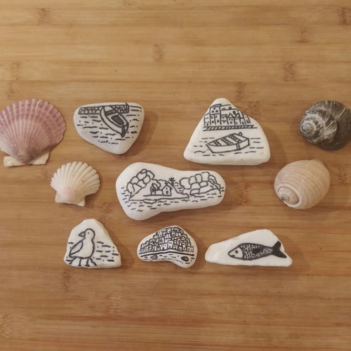Set of 6 painted white stones with summer sea designs, like new