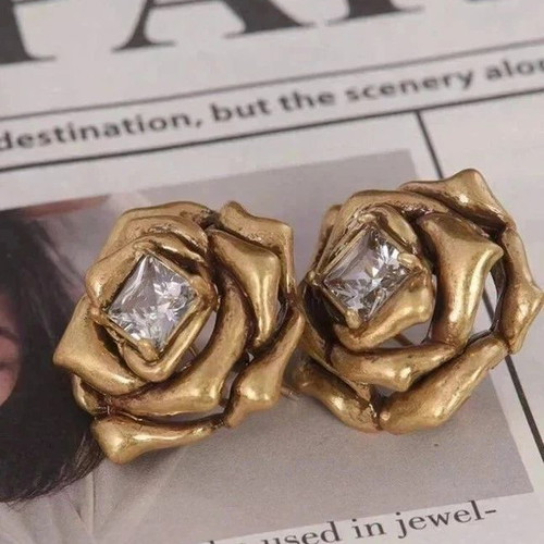 Vintage Gold Tone Rose Stud Earrings with Crystal