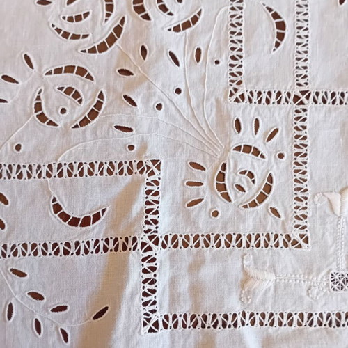 Handmade white large cutwork tablecloth 1x1 French linen