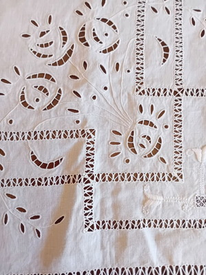 Handmade white large cutwork tablecloth 1x1 French linen
