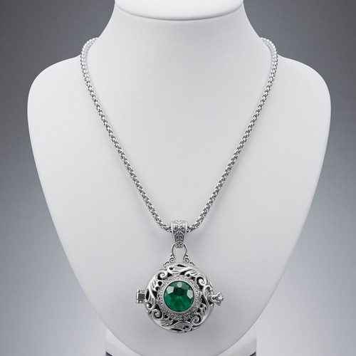 Steel Necklace with Opening Pendant Charm and Green Emerald Stone new
