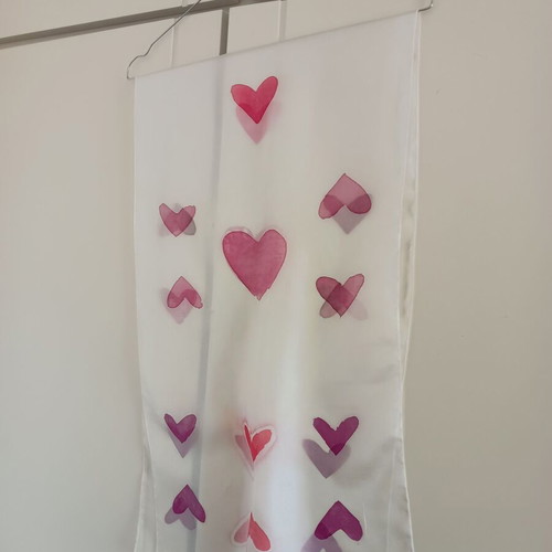 Silk scarf handmade white with pink and purple hearts, new