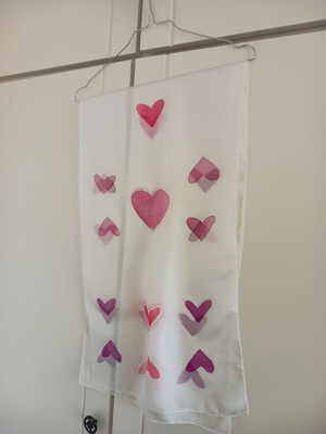 Silk scarf handmade white with pink and purple hearts, new