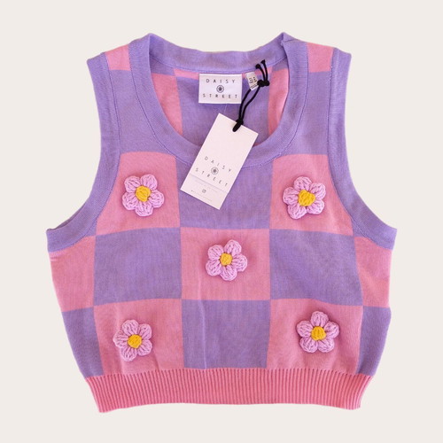 Daisy Street pink and purple knitted vest with 3D flowers new, size S/M