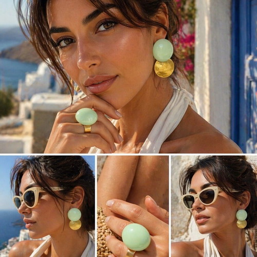 Oversized Mint Glazed Statement Earrings and Ring Set Gold Tone