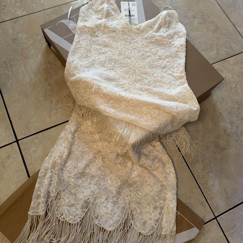 Zara asymmetric beaded lace top and fringe lace skirt set, new, ecru