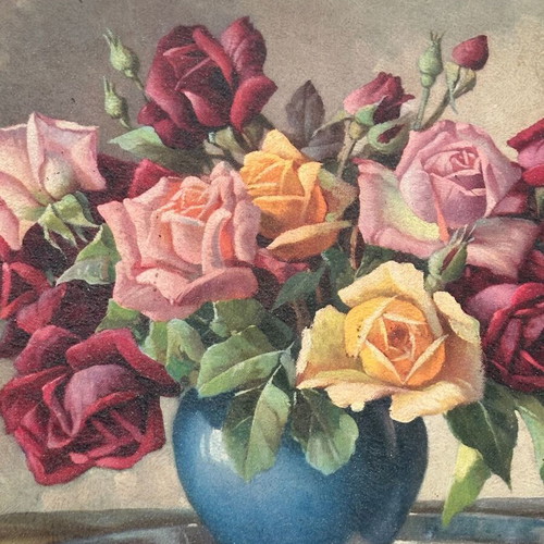 Vintage oil painting on canvas with roses in embossed gold wooden frame, used