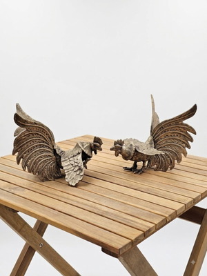 Vintage pair of brass fighting roosters