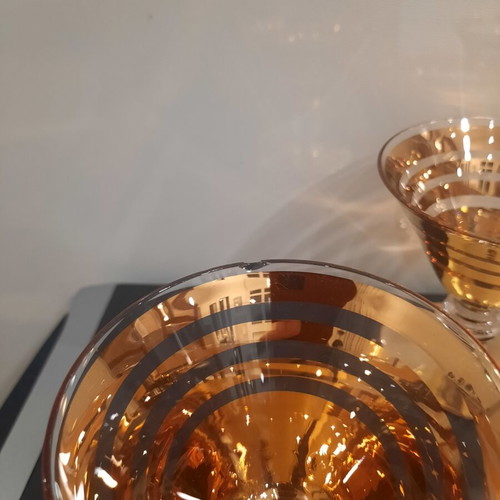Vintage cocktail or sherbet glasses used, 1920-1950, gold stripes, ribbed stem