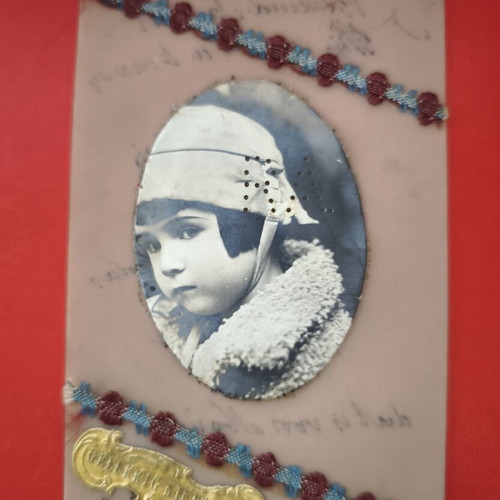 Handmade antique card with child portrait used, embossed decoration