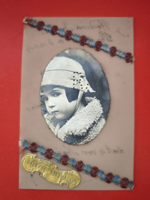 Handmade antique card with child portrait used, embossed decoration