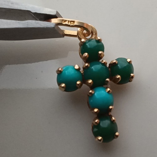 Gold Cross K18 Miniature with Turquoise and Chrysoprase like new