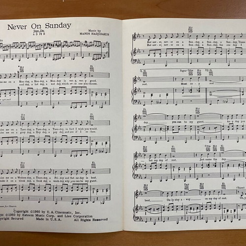 American Sheet Music Never on Sunday by Manos Hadjidakis like new