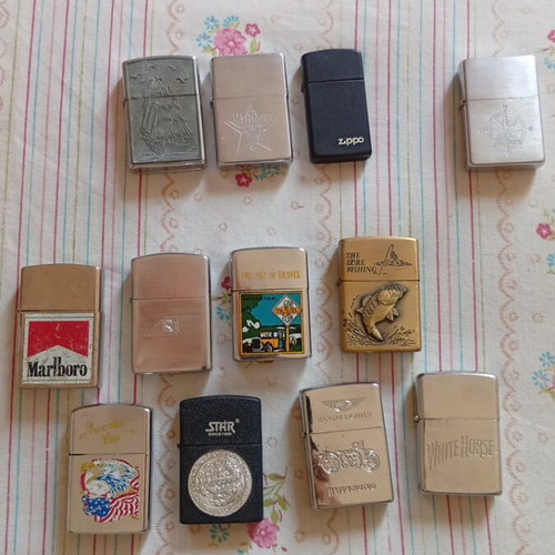 Collection of 12 Used Windproof Petrol Lighters Including 3 Authentic Zippo