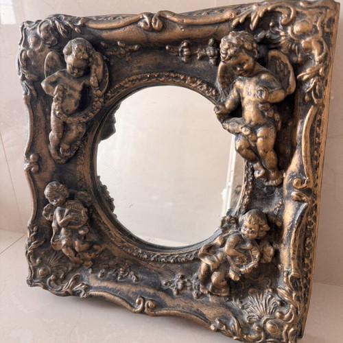 Mirror with angels like new, plaster, 30 x 30 cm
