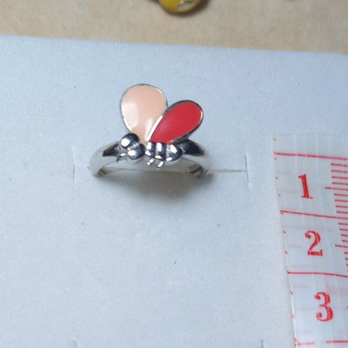 Silver 925° Butterfly Children's Ring with Enamel, Adjustable Size, New