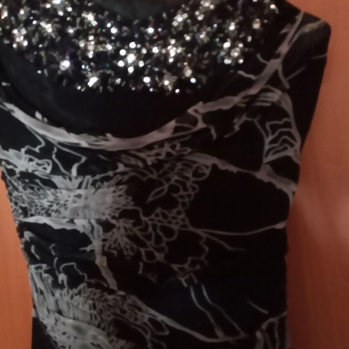 Evening dress midi like new, embroidered with stones on neckline, black and gray