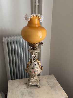 Vintage table lamps used, porcelain base with orange glass shade