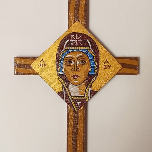 Panagia Megalochari Handmade Cross new with Byzantine style painting