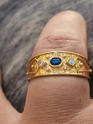 Byzantine 18K gold handmade ring with sapphire and diamonds