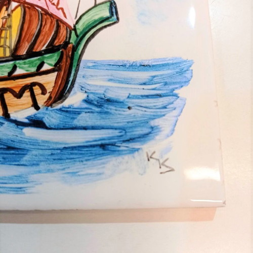 Villeroy and Boch set of eight ceramic tiles from the 1960s like new with sailing ship paintings
