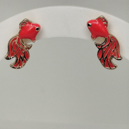 Fish earrings new, red coral enamel with gold outline