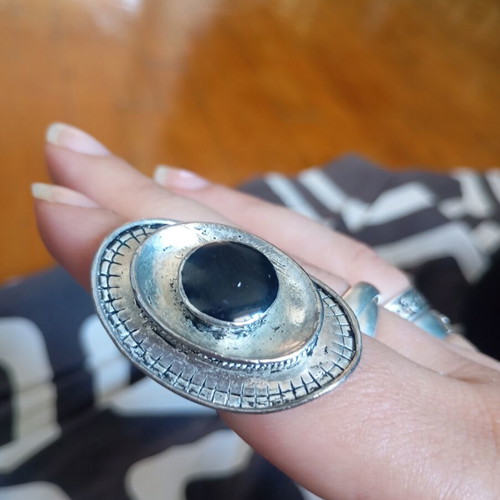 Boho ethnic large adjustable ring with black onyx cabochon